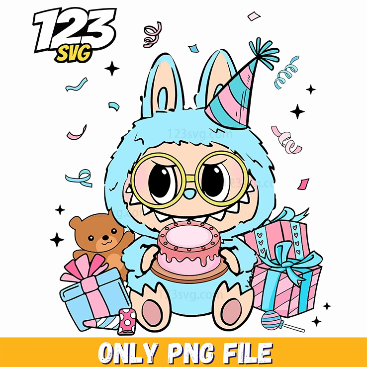 blue birthday bunny labubu png, blue birthday bunny png, blue bunny birthday labubu - 123SVG Store
