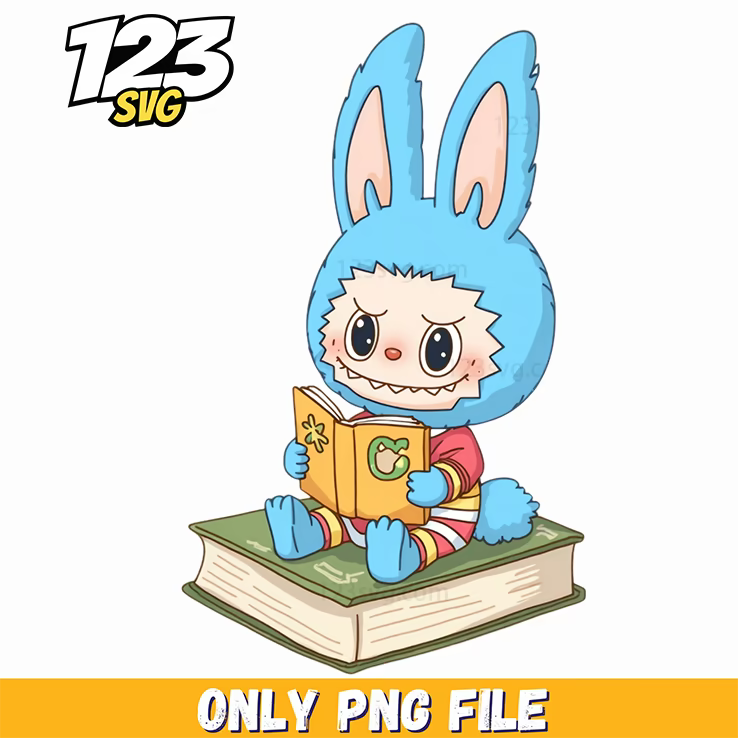 blue reading bunny labubu png, reading labubu, labubu bunny - 123SVG Store