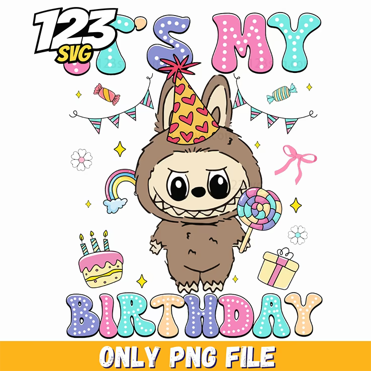 brown birthday labubu png, happy birthday labubu, labubu birthday cake - 123SVG Store