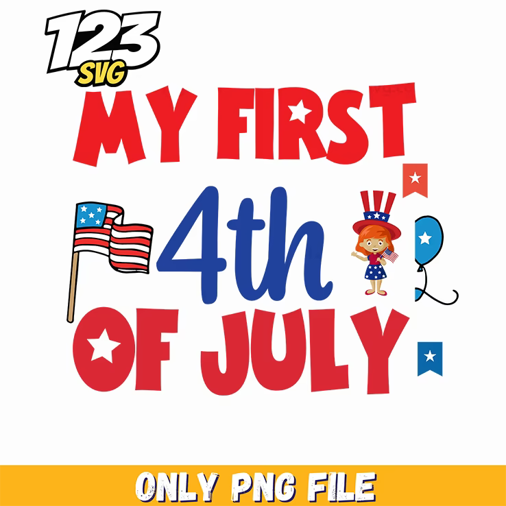 my first 4th of july flag little girl balloon stars png, little girl holding 4th of july flag, happy little girl with 4th of july balloons - 123SVG Store