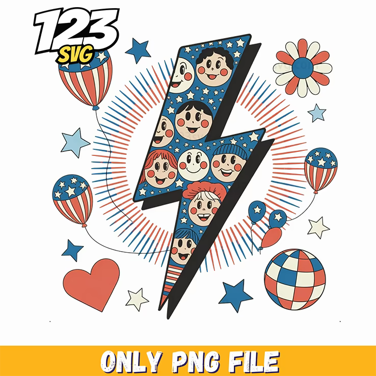patriotic lightning bolt retro smiley elements png, retro patriotic elements png, patriotic retro lightning bolt elements png - 123SVG Store
