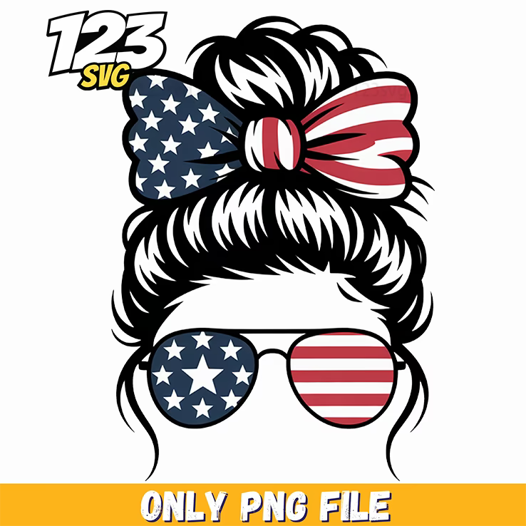 patriotic messy bun waving flag glasses png, messy bun waving flag glasses, messy bun waving glasses - 123SVG Store