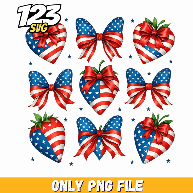 patriotic strawberries ribbon bows elements png, red white blue patriotic elements, patriotic elements for crafts - 123SVG Store