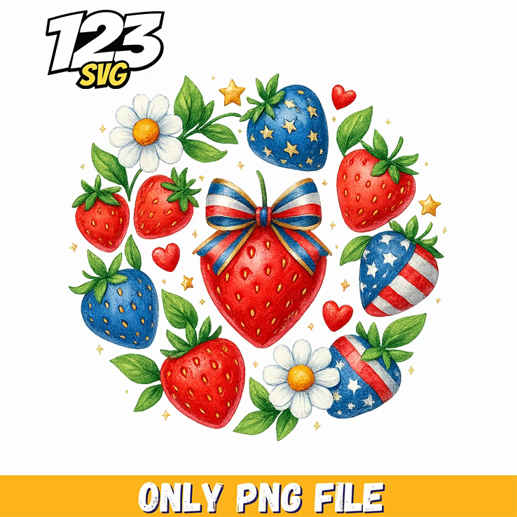 patriotic strawberry wreath png, red white and blue strawberry wreath, strawberry wreath patriotic summer decoration - 123SVG Store