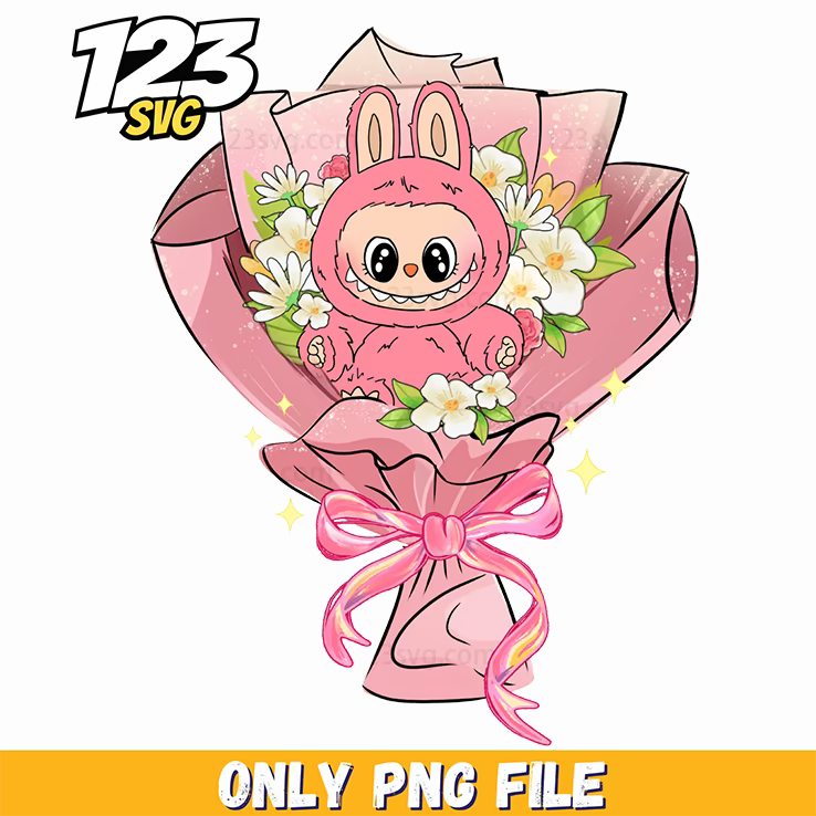 pink flower bouquet labubu png, labubu flower png, labubu flower bouquet - 123SVG Store