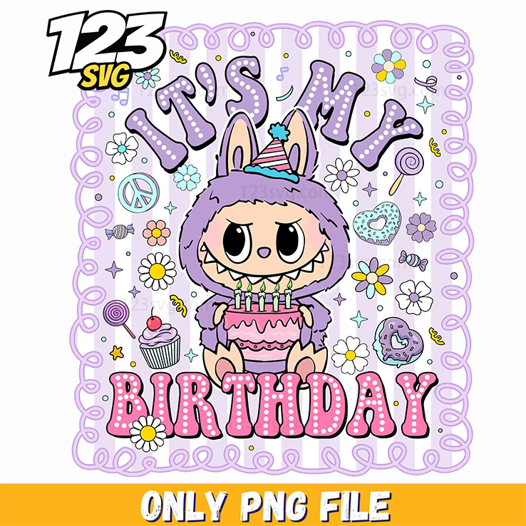 purple birthday cake labubu png, labubu birthday cake, birthday cake labubu design - 123SVG Store