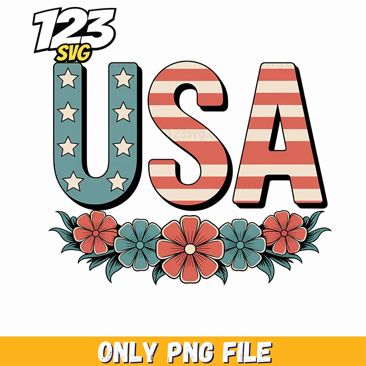 usa floral border patriotic block letters png, usa floral border patriotic block letters, usa floral border block letters - 123SVG Store