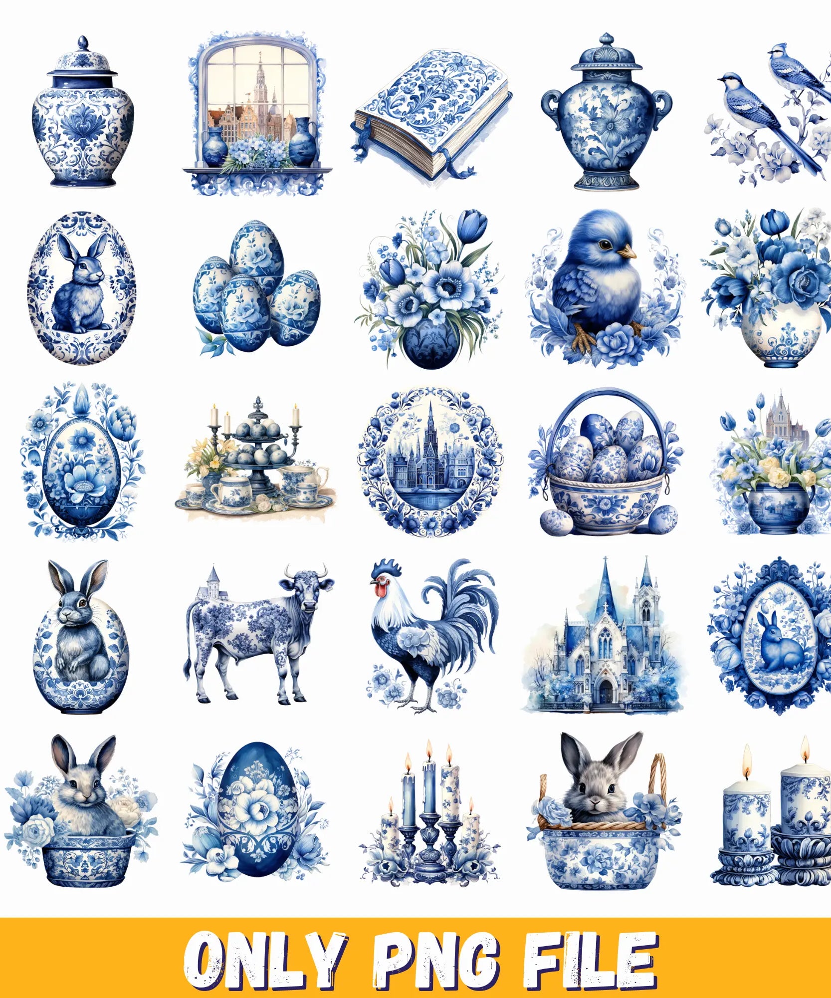 Delft Blue Easter Clipart Bundle, blue easter egg, easter bunny clipart, vintage easter png