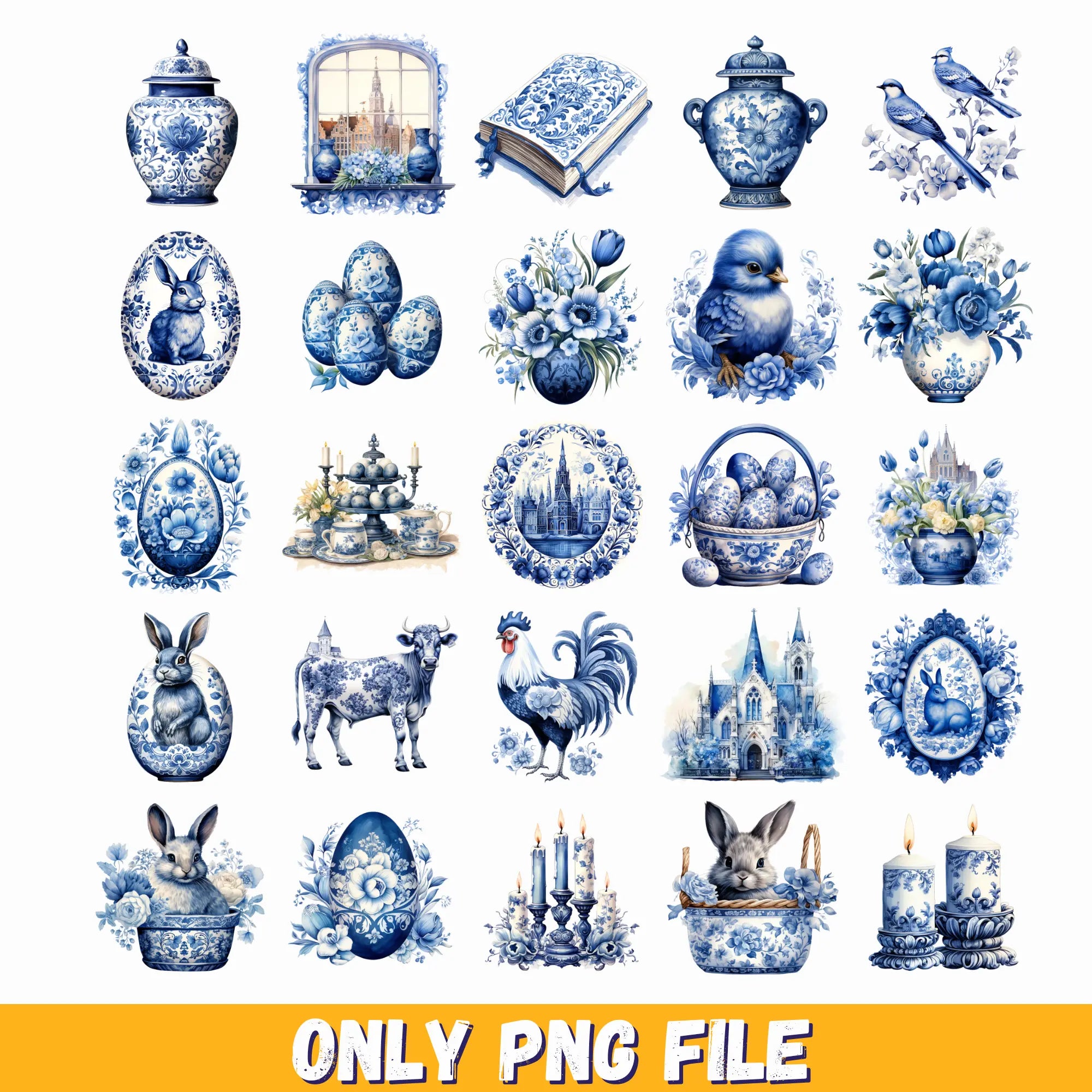 Delft Blue Easter Clipart Bundle, blue easter egg, easter bunny clipart, vintage easter png