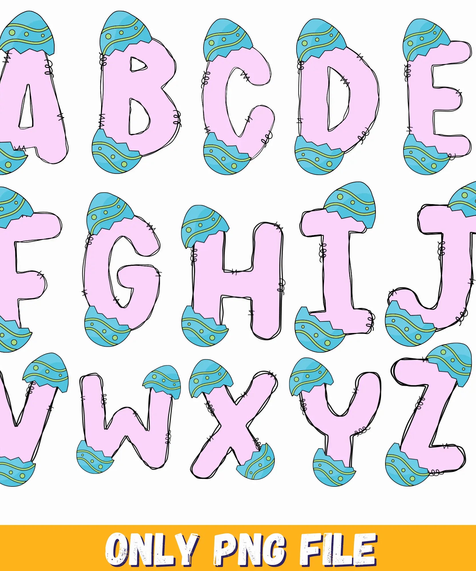 Easter Alphabet Letters PNG Bundle, Hand Drawn Doodle, Easter Eggs