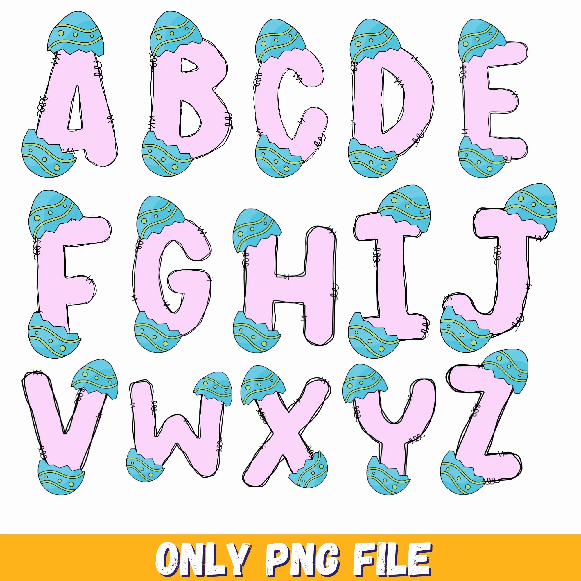 Easter Alphabet Letters PNG Bundle, Hand Drawn Doodle, Easter Eggs