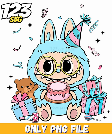 blue birthday bunny labubu png, blue birthday bunny png, blue bunny birthday labubu - 123SVG Store