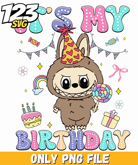 brown birthday labubu png, happy birthday labubu, labubu birthday cake - 123SVG Store
