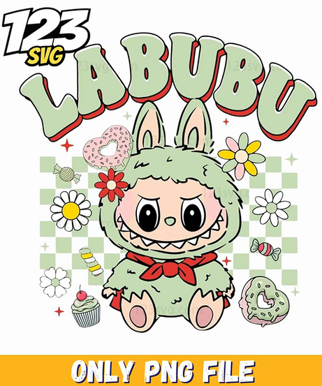 green floral retro labubu png, labubu png design, labubu floral png - 123SVG Store
