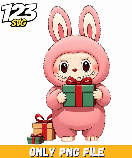 labubu christmas gift bunny png, cute bunny png christmas gift, bunny christmas gift clipart - 123SVG Store
