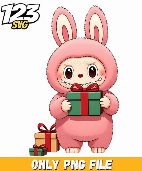 labubu christmas gift bunny png, cute bunny png christmas gift, bunny christmas gift clipart - 123SVG Store