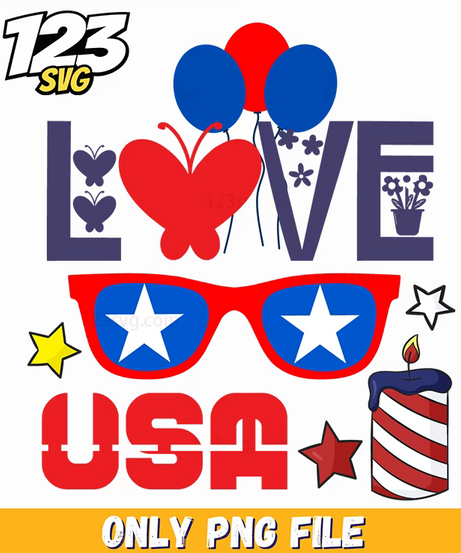 love usa balloons butterfly sunglasses drink png, usa balloons butterflies, balloons sunglasses usa - 123SVG Store