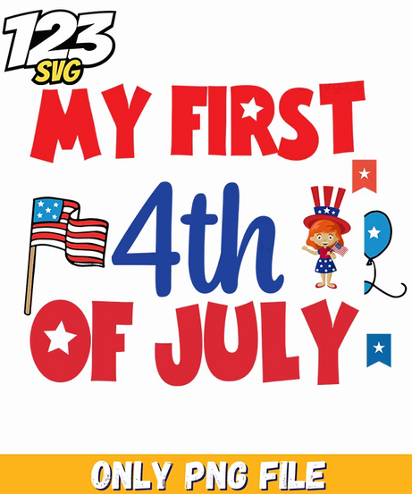my first 4th of july flag little girl balloon stars png, little girl holding 4th of july flag, happy little girl with 4th of july balloons - 123SVG Store