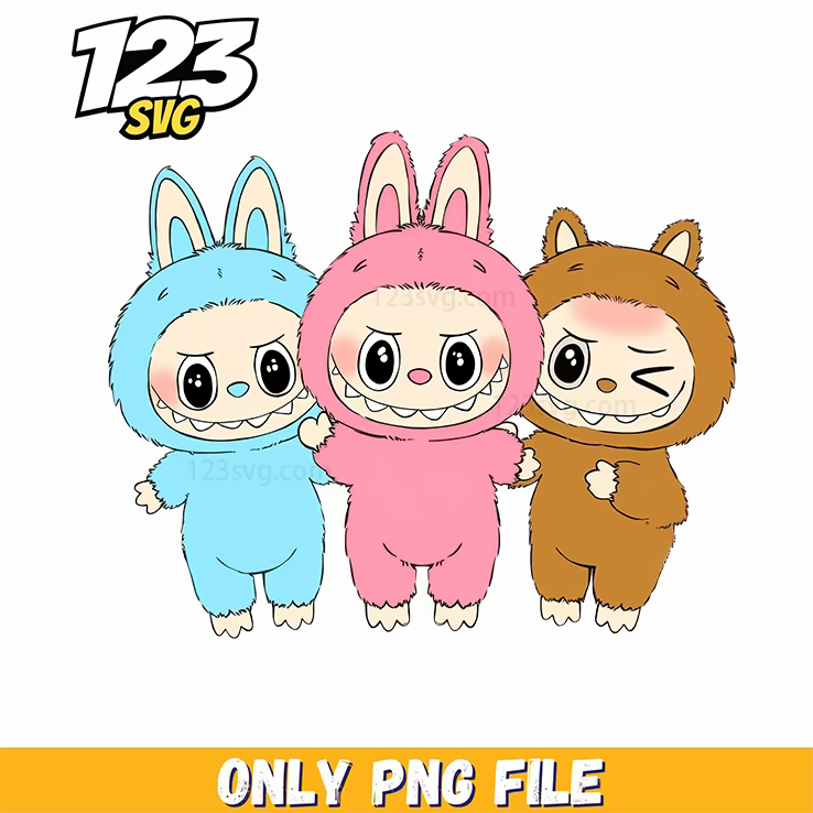 pastel labubu trio png, cute labubu png, brown labubu characters png - 123SVG Store