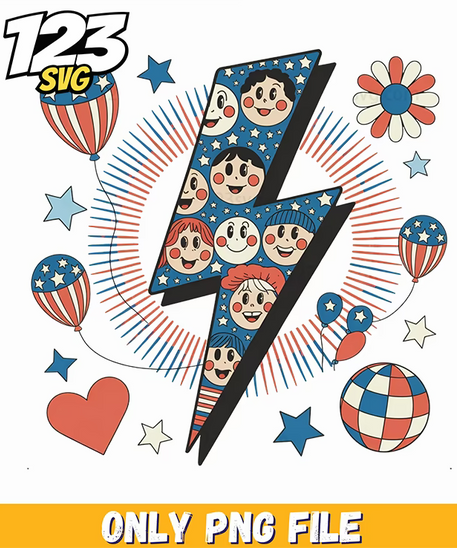 patriotic lightning bolt retro smiley elements png, retro patriotic elements png, patriotic retro lightning bolt elements png - 123SVG Store