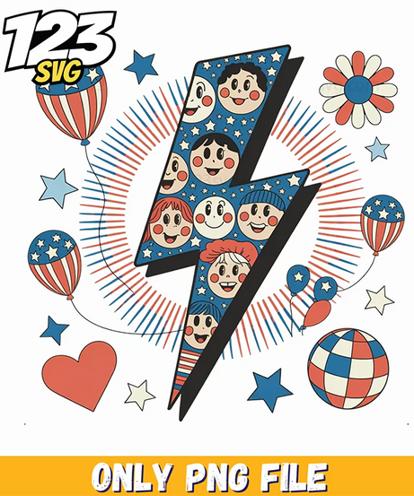 patriotic lightning bolt retro smiley elements png, retro patriotic elements png, patriotic retro lightning bolt elements png - 123SVG Store
