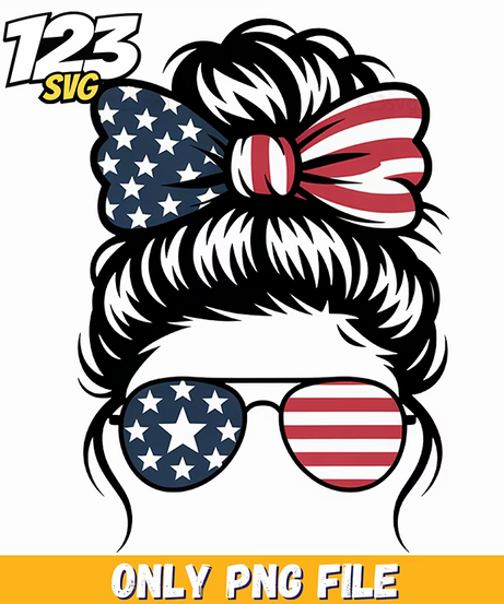 patriotic messy bun waving flag glasses png, messy bun waving flag glasses, messy bun waving glasses - 123SVG Store