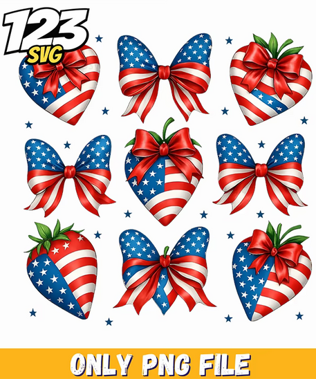 patriotic strawberries ribbon bows elements png, red white blue patriotic elements, patriotic elements for crafts - 123SVG Store