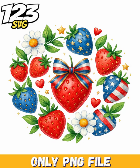 patriotic strawberry wreath png, red white and blue strawberry wreath, strawberry wreath patriotic summer decoration - 123SVG Store