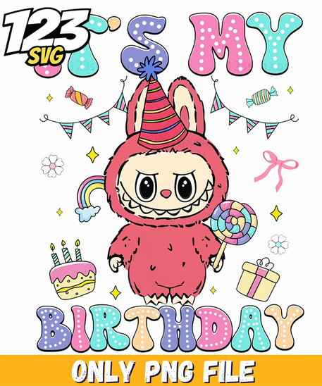 pink birthday labubu png, have a seat labubu png, labubu doll png - 123SVG Store