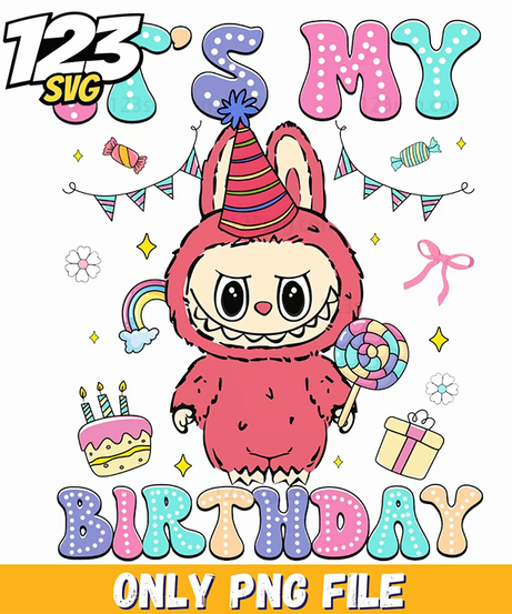 pink birthday labubu png, have a seat labubu png, labubu doll png - 123SVG Store