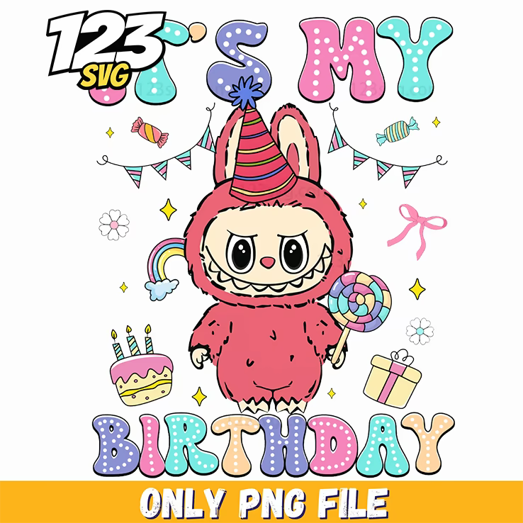 pink birthday labubu png, have a seat labubu png, labubu doll png - 123SVG Store