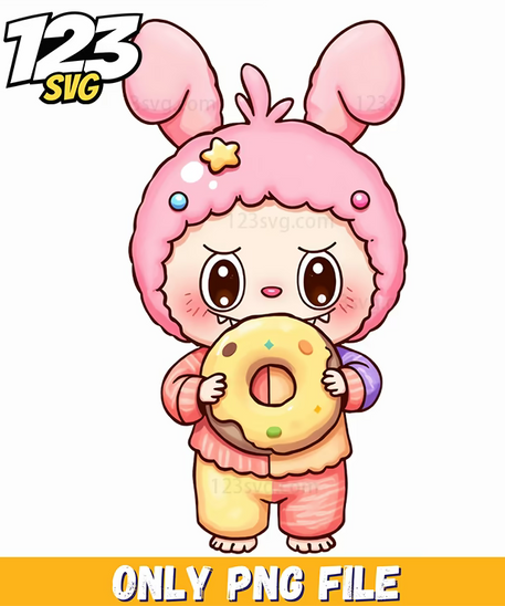 pink bunny donut labubu png, labubu bunny donut, labubu donut png - 123SVG Store