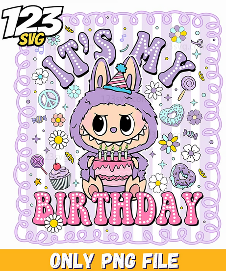 purple birthday cake labubu png, labubu birthday cake, birthday cake labubu design - 123SVG Store