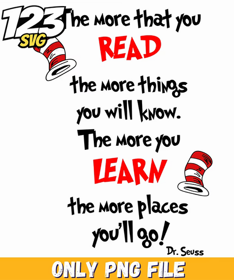 read learn more places dr seuss png, dr seuss characters png, oh the places you'll go png - 123SVG Store