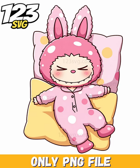 sleeping pink pajama labubu png, pink labubu pajamas, labubu pajama set - 123SVG Store