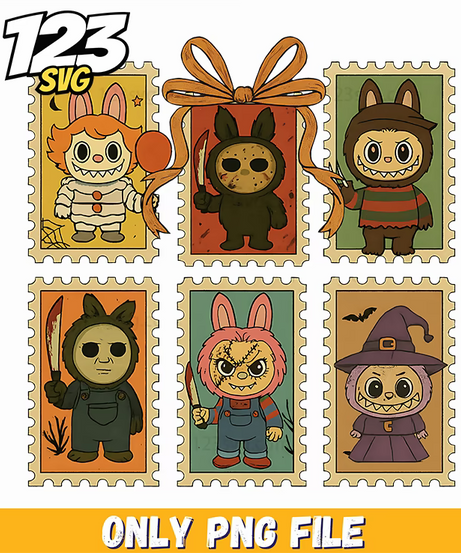vintage halloween stamp labubu png, spooky halloween stamps, halloween stamp labubu clip - 123SVG Store